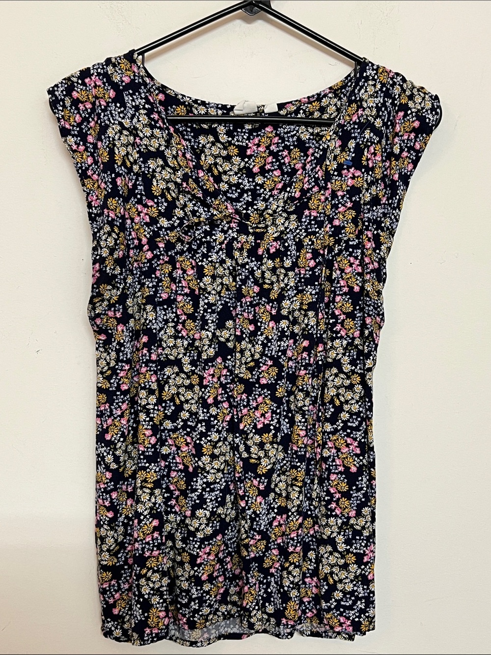 🌞 Gap Navy Blue Cap-Sleeve/Sleeveless Blouse w/Pink & Yellow Flowers women M